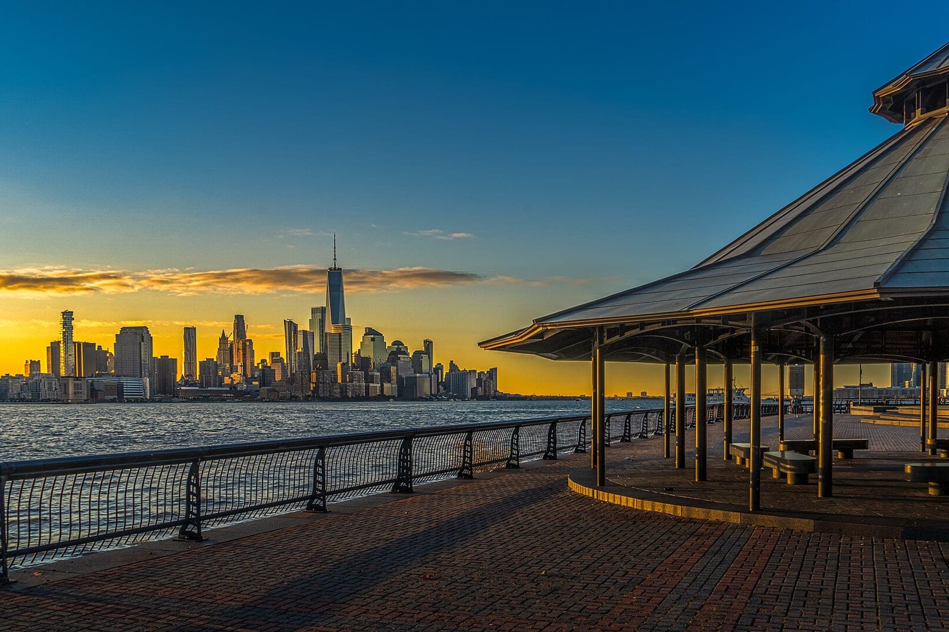 City skyline at sunrise